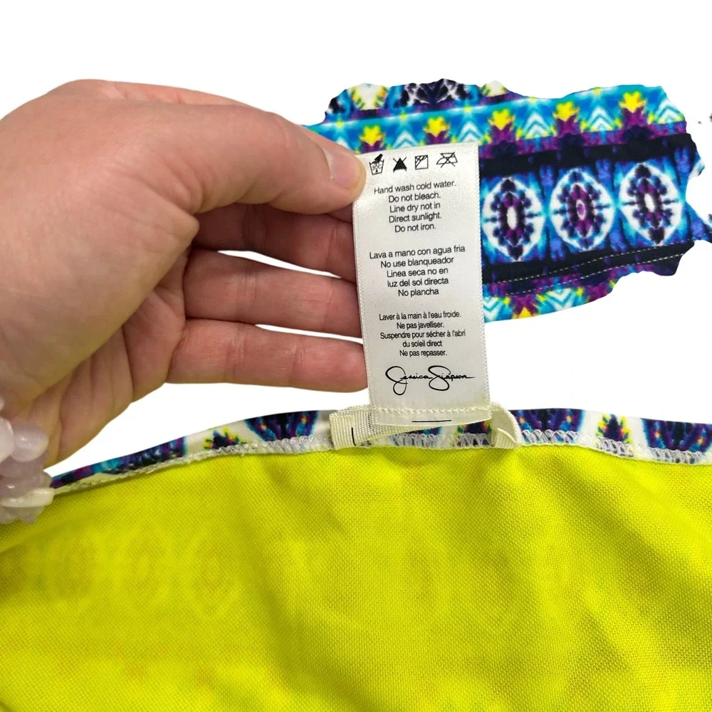 Jessica Simpson Tankini Swimsuit Set L Blue Tribal‎ Print Bandeau Boho Resort